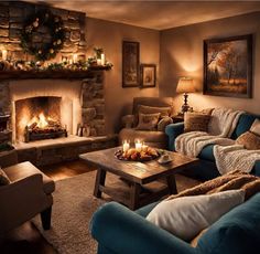 a living room filled with furniture and a fire place in the middle of it's wall