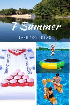 a collage of photos with people playing in the water, and an inflatable pool