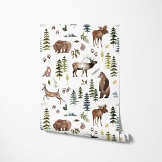 an animal themed wallpaper with deer, moose and pine trees on it's white background