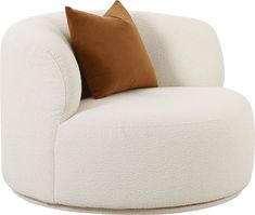 a white chair with a brown pillow on it's back and two pillows on the armrests