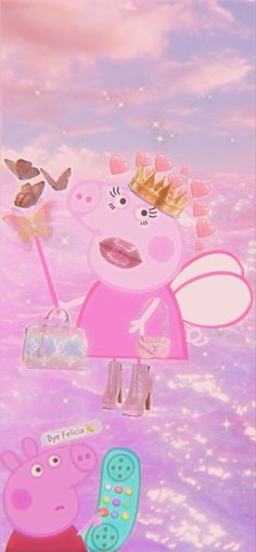 peppa pig flying in the sky with other cartoon characters around him and holding a cell phone