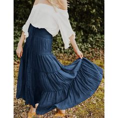 Navy Blue Bohemia Pleated High Waist Maxi Skirt Blue Flowy Tiered Maxi Skirt, Blue Flowy Bottoms For Spring, Bohemian High Waist Lined Maxi Skirt, Blue Flowy Maxi Skirt For Vacation, Flowy Blue Maxi Skirt For Vacation, Blue Flowy Skirted Bottoms, Bohemian Blue Maxi Skirt For Spring, Flowy Blue Tiered Skirt, Casual Blue Flowy Skirt