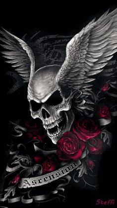 a skull with wings and roses in the middle of it, on a black background