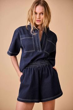 Jules Shirt | Denim Shirt | Hunter Bell Latest Summer Fashion, Contrast Topstitching, Hunter Bell, Summer Bottoms, Cotton Midi Dress, Little White Dresses, Pullover Designs, Late Summer, Moss Green