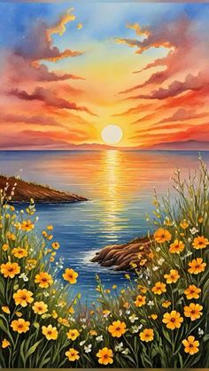 a painting of the sun setting over water with wildflowers in front of it