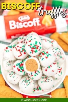 biscoff truffles on a plate with christmas cookies in the background