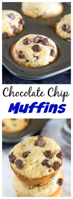 chocolate chip muffins are stacked in a muffin pan and on top of each other