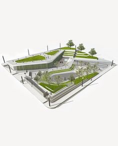 an architectural rendering of a building with grass on the roof and trees in the middle