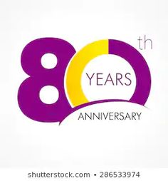 the 80th anniversary logo is shown in purple, yellow and white colors on a white background