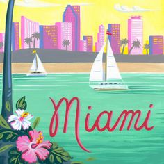 Miami Beach art with sailboat, sunset, and palm tree in pastel colors; illustration by Angela Staehling Miami Painting Ideas, Florida Painting Ideas, Miami Drawing, Miami Painting, Cocktail Signs, Florida Painting