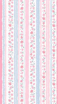 a pink and blue striped wallpaper with flowers