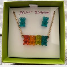 Betsy Johnson Multicolored Gummy Bear Necklace And Earring Set New In Box #Betsyjohnson #Gummybear Silver Necklaces Gummy Bear, Gummy Bears Jewelry, Gummy Bear Necklace, Teddy Bear Necklace Jewelry, Dangly Gummy Bear Earrings Betsey Johnson, Betsey Johnson Jewelry Necklaces, Vintage Betsey Johnson, Sparkle Necklace, Betsey Johnson Jewelry