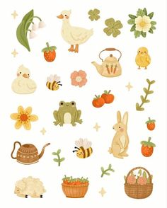 an assortment of stickers with animals, flowers and other things in them on a white background