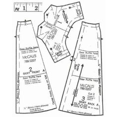 the front and back view of a sewing pattern, with measurements for each piece on it