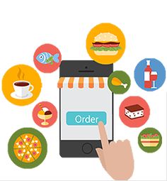 a hand is touching an order button on a cell phone surrounded by food and drinks