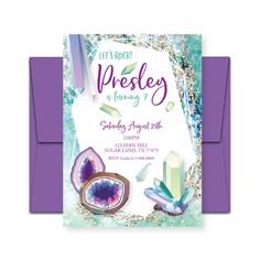 a purple and green birthday card with crystals on the front, and an envelope that says let