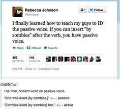 two tweets on twitter with one saying, i finally learned how to teach my guys to id the passive voice if you can insert