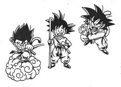 three black and white images of cartoon characters