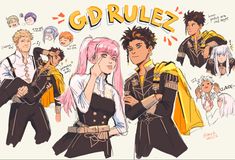 some anime characters with pink hair and black clothes, one is holding his hand to his face