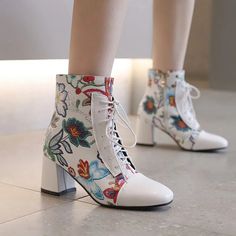 Floral Lace-Up Ankle Boots with Block Heels