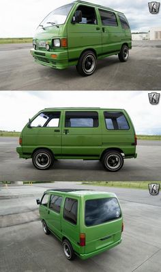 the green van is parked in an empty parking lot, and then has its door open