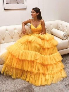 Prom Dresses Layered, Yellow Prom Dresses, Dresses Layered, Yellow Prom, Dress Layer, Prom Dresses Yellow, Long Prom Dresses, Pleated Bodice, Long Prom Dress