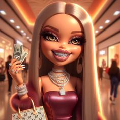 an animated doll holding a purse and money in her right hand while standing on a shopping mall floor