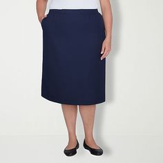 Slip into our suit skirt for a polished and professional look.Front Style: Flat FrontClosure Type: Elastic BackPockets: 2 Side Slip PocketsRise: At WaistApparel Length: 27.5 InchesFiber Content: 100% PolyesterFabric Description: WovenLining: UnlinedSkirt Length: Knee LengthCare: Machine WashSkirt Type: Pencil SkirtsCountry of Origin: Imported Business Casual Skirt With Pockets, Navy Fitted Skort For Workwear, Fitted Navy Skort For Work, Business Casual Relaxed Skirt With Pockets, Classic Workwear Skirt Suit With Lined Skirt, Navy Skort For Workwear, Workwear Skirt With Side Pockets, Solid Color Pencil Skirt With Pockets For Office, Pencil Skirt With Pockets For The Office