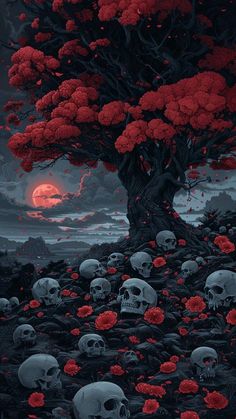 an image of a tree with skulls in the grass and red flowers growing on it