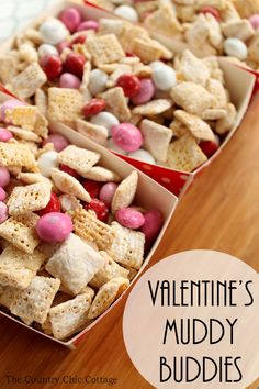 valentine's muddy buddies recipe in two boxes on a table with text overlay