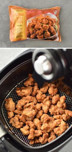 there is a bag of chicken on the grill next to an air fryer filled with food