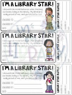 three bookmarks with cartoon characters and text that says i'm a library star