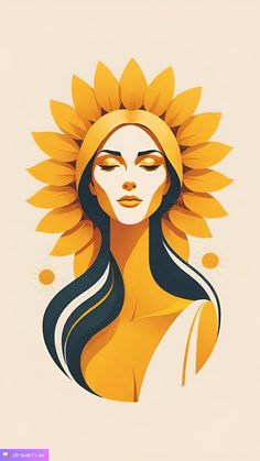 a woman's face with sunflowers on her head and long black hair