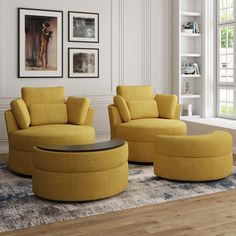 a living room filled with yellow furniture and pictures on the wall above it's windows