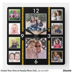 a square clock with photos of family members and numbers on the front is shown in gold glitter