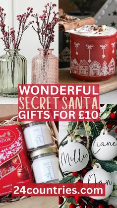 christmas gifts for the whole family are on display in this collage with text that reads wonderful secret santa gifts for $ 10