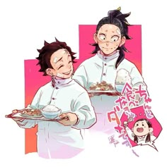 two anime characters holding plates with food on them in front of pink and white background