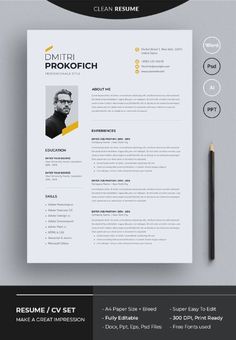 a clean and modern resume template with yellow accents on the front, black border around the bottom