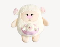 a stuffed animal with a baby in it's arms, on a white background