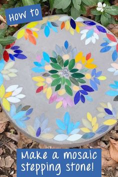 a colorful mosaic stepping stone with the words how to make a mosaic stepping stone on it