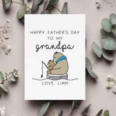 a father's day card with a bear holding a fishing rod