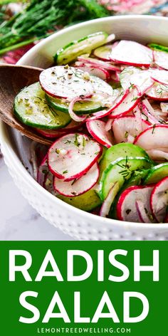 radish salad in a white bowl with a wooden spoon on the side and text overlay reading radish salad