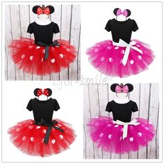 three pictures of minnie mouse tutule with red and white polka dots on it