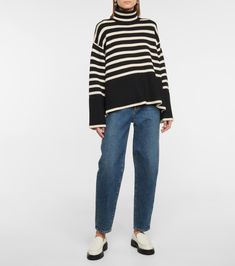 Striped turtleneck wool-blend sweater in black - Toteme | Mytheresa Toteme Sweater, Striped Turtleneck, Wool Blend Sweater, Signature Collection, Sweater Black, Knitting Inspiration, Fall Looks, Fashion Styles, White Shop