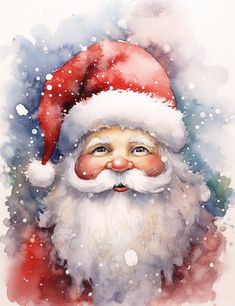 a watercolor painting of a santa claus with snow on his face and beard, wearing a red hat