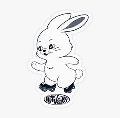 a sticker with an image of a bunny on roller skates in black and white