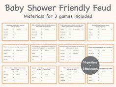 the baby shower friendly game is shown in orange and white, with numbers for 3 games included