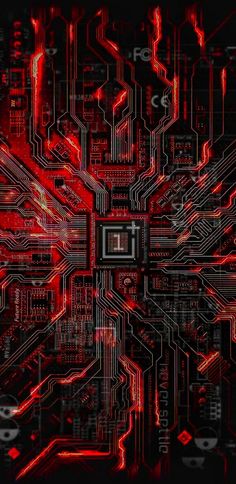 a computer circuit board with red and black lines in the middle, as if it were an abstract art work