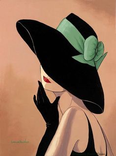 a painting of a woman wearing a black hat and green bow