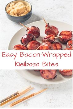 bacon wrapped kibbesa bites on a white plate with chopsticks next to it